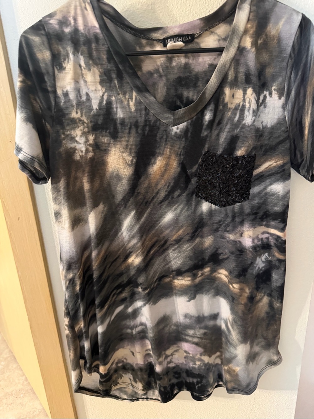 HEIMISH USA Tie-Dye V-Neck Top with Black Sequin Pocket